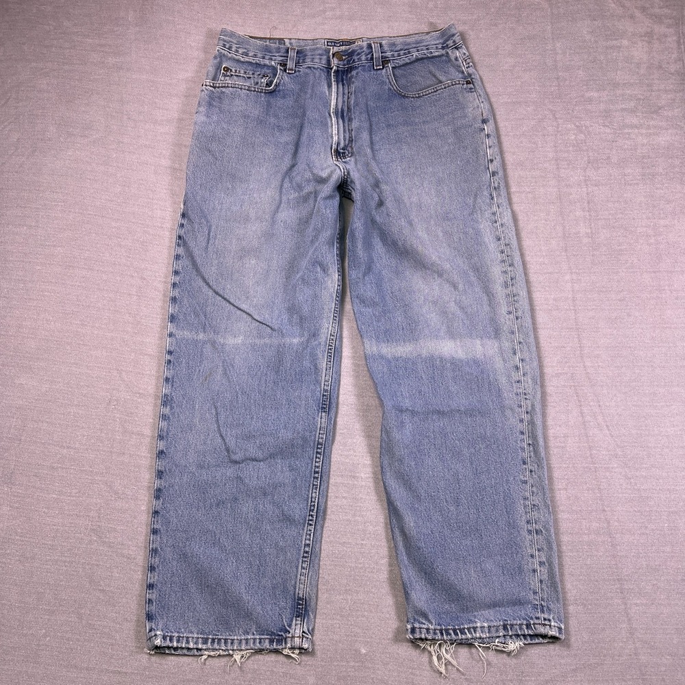 Old Navy Baggy Distressed Mid Rise Straight Leg Jeans Mens 35x30 Blue Denim